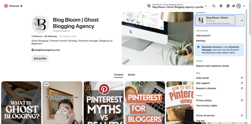 how to switch accounts on pinterest