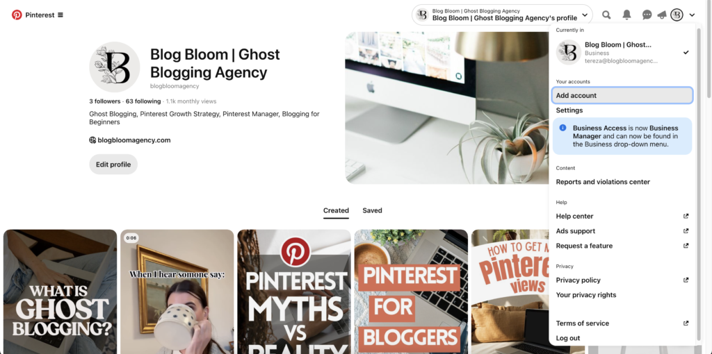 how to switch accounts on pinterest